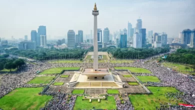 Ribuan massa aksi bela Palestina memadati kawasan silang Monumen Nasional (Monas), Jakarta, Minggu (05/11/2023). (DERY RIDWANSAH)