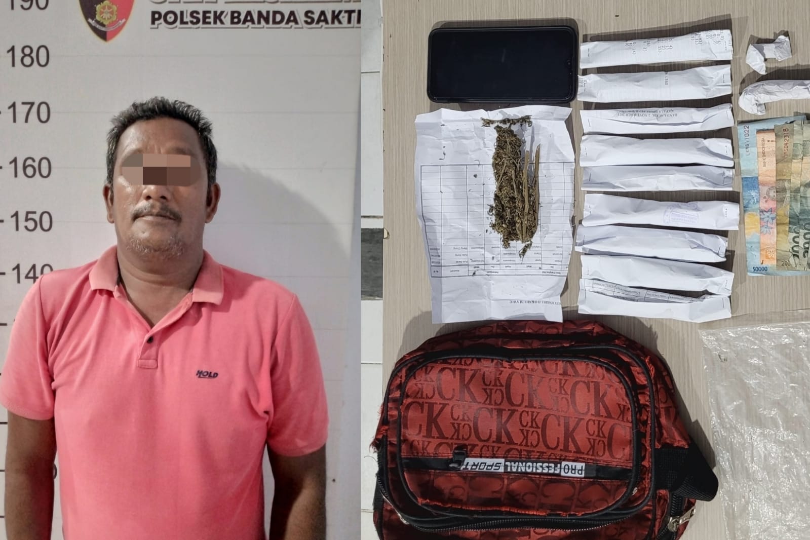 Polisi mengamankan seorang pria di Lhokseumawe beserta barang bukti ganja. (Foto: Dok. Polisi)