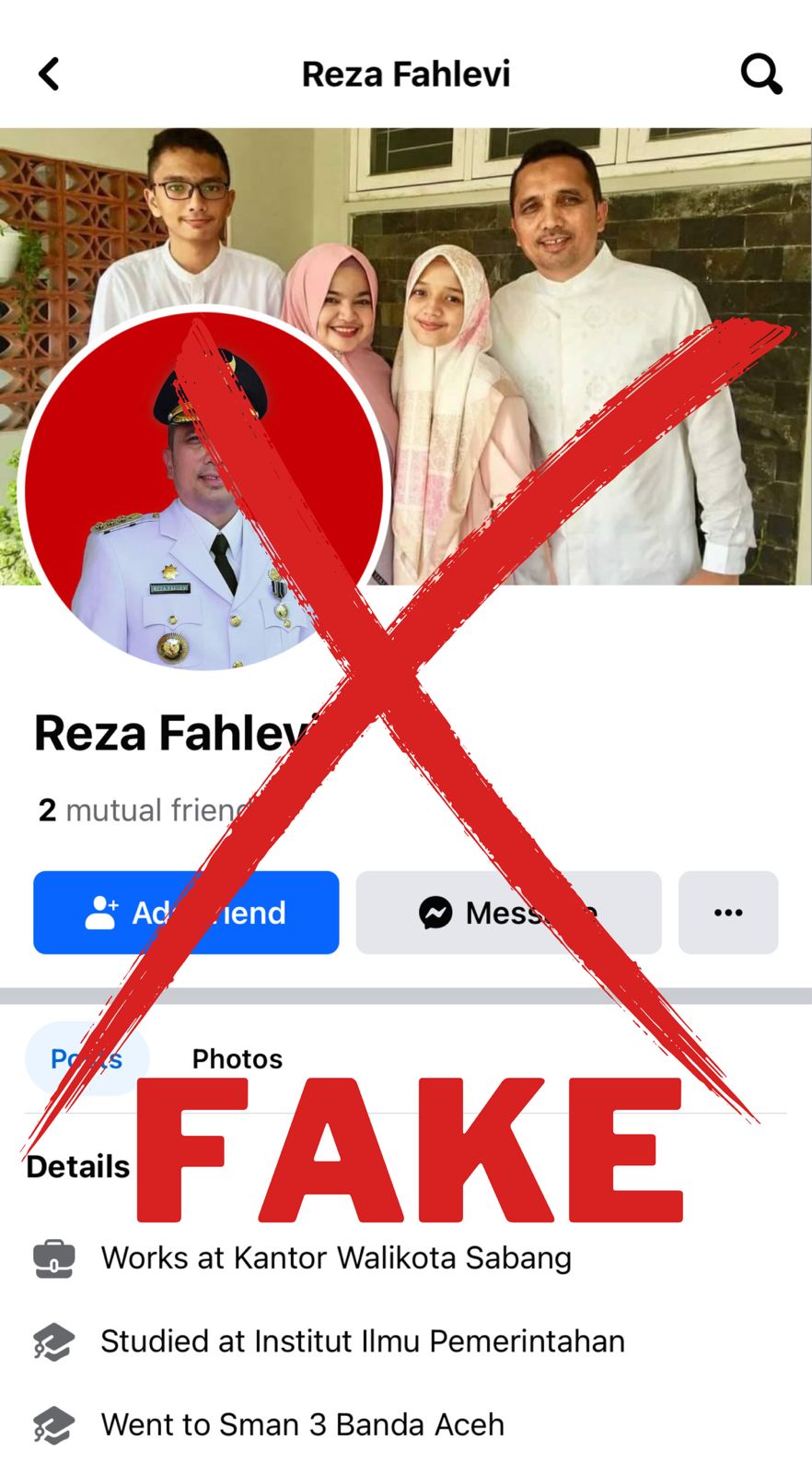 Capture Facebook palsu yang mengatasnamakan Pj Wali Kota Sabang Reza Fahlevi. (Foto: Prokopim Sabang).