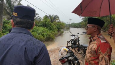 Pj Bupati Aceh Jaya Dr. A Murtala meninjau titik banjir di Kecamatan Panga, Aceh Jaya, Sabtu (30/12/2023). (Foto: Distori/Adpim Aceh Jaya)