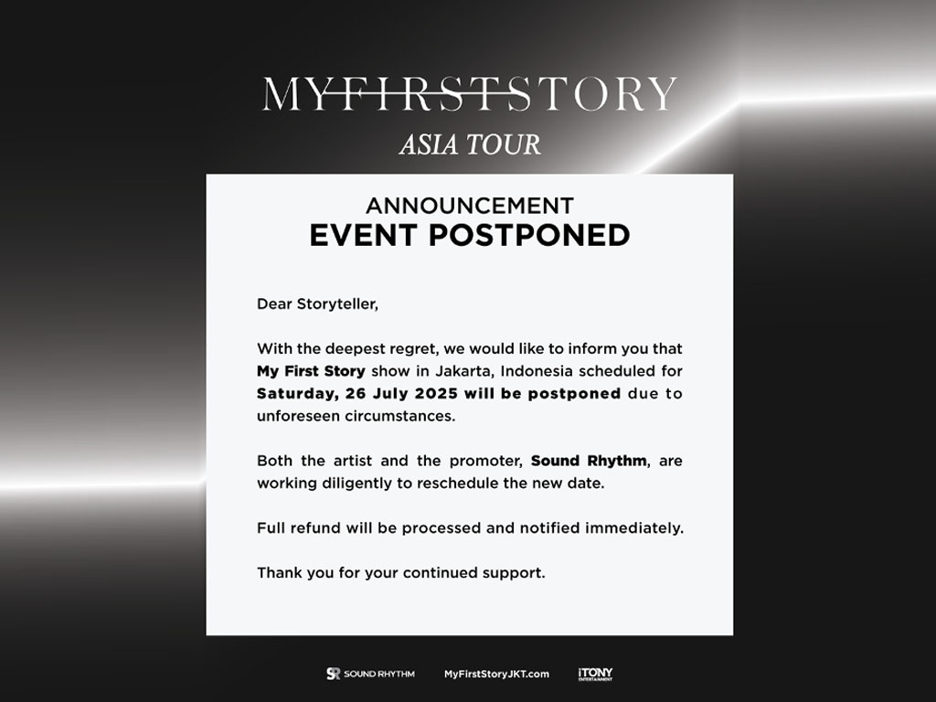 Poster pengumuman penundaan konser My First Story di Jakarta. (Foto: Istimewa)